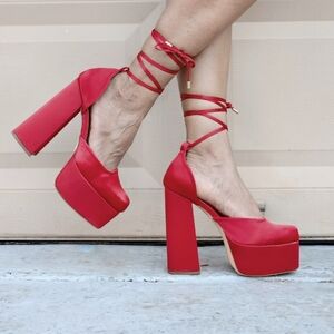 Womens Satin Platform Chunky Lace Up Heels Red Color
